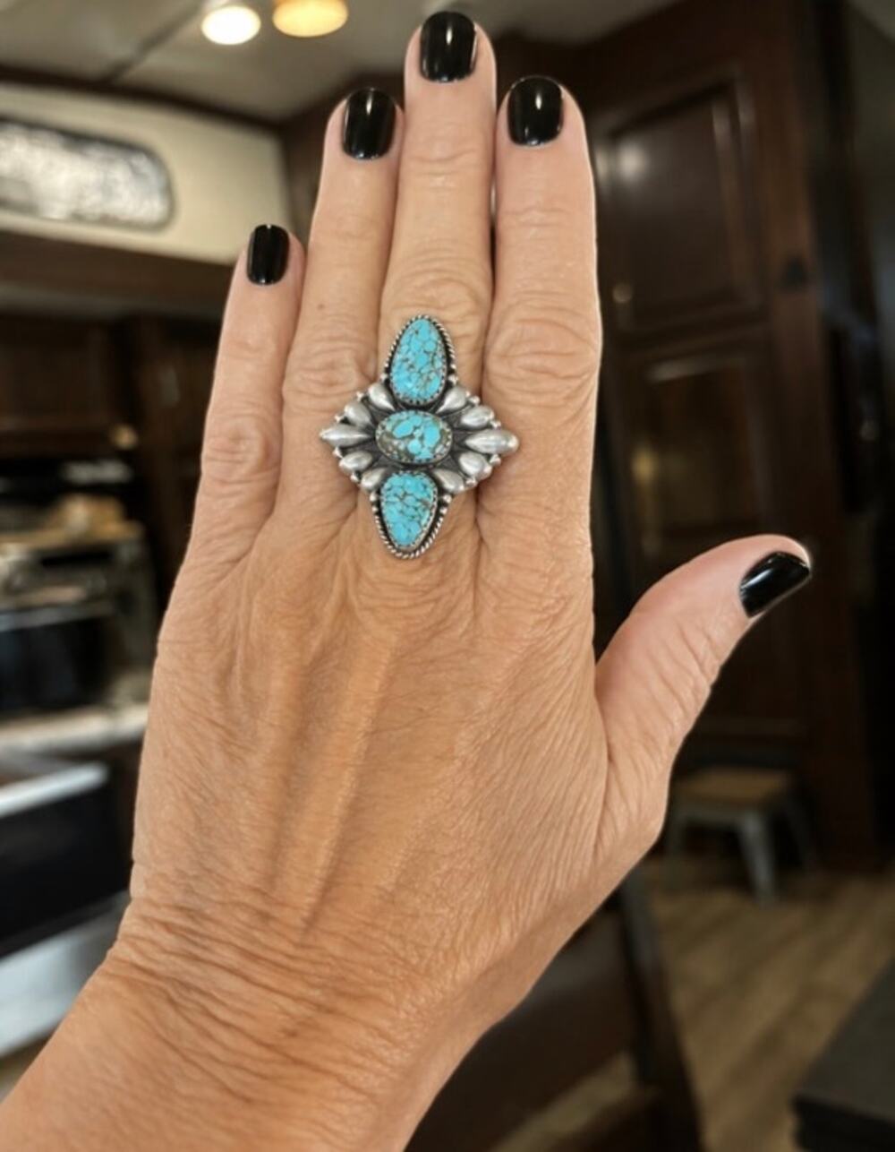 Number 8 Turquoise Three Stone Crawler Ring Sterling Silver
